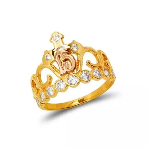 NEW 14K TWO TONE GOLD LADIES 15 ANOS TIARA CZ RING (1 of 2)