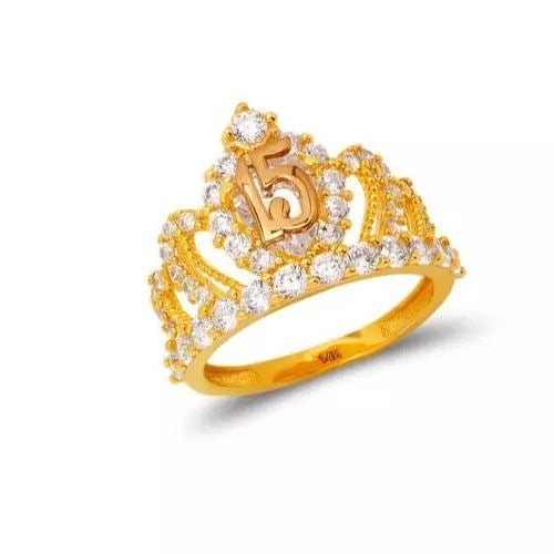 NEW 14K TWO TONE GOLD LADIES 15 ANOS TIARA CZ RING: NEW 14K TWO TONE GOLD LADIES 15 ANOS TIARA CZ RING 14K Two Tone Gold Approx. 15mm Center, 2.0mm Band High Polished/Cubic Zirconia Weight: 4.4 Grams