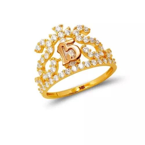 NEW 14K TWO TONE GOLD LADIES 15 ANOS TIARA CZ RING: NEW 14K TWO TONE GOLD LADIES 15 ANOS TIARA CZ RING 14K Two Tone Gold Approx. 13mm Center, 1.5mm Band High Polished/Cubic Zirconia Weight: 3.0 Grams