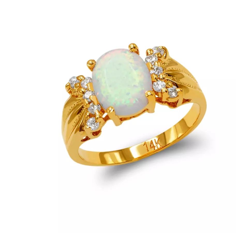 NEW 14K TWO TONE GOLD LADIES OPAL CZ RING: NEW 14K TWO TONE GOLD LADIES OPAL CZ RING 14K Two Tone Gold Size 7 Approx. 9mm High Polished/Cubic Zirconia Weight: 4.6 Grams
