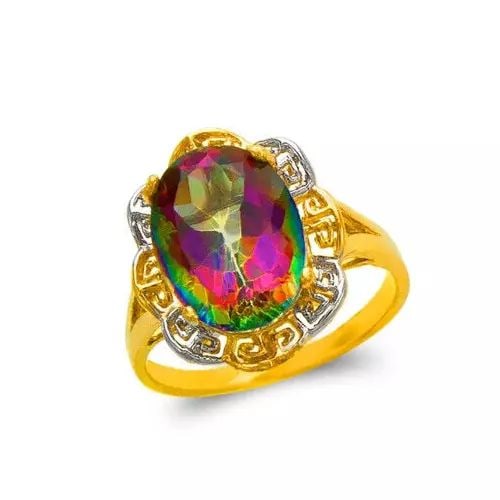 NEW 14K TWO TONE GOLD LADIES MYSTIC CZ RING: NEW 14K TWO TONE GOLD LADIES MYSTIC CZ RING 14K Two Tone Gold Size 7 Approx. 14mm Stone, 18mm Center High Polished/Diamond Cut/Cubic Zirconia Weight: 4.4 Grams