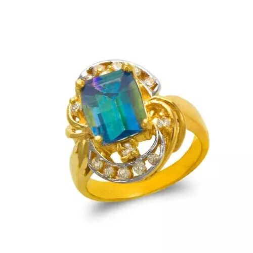 NEW 14K TWO TONE GOLD LADIES MYSTIC CZ RING: NEW 14K TWO TONE GOLD LADIES MYSTIC CZ RING 14K Two Tone Gold Size 7 Approx. 10mm Stone, 18mm Center High Polished/Diamond Cut/Cubic Zirconia Weight: 7.3 Grams