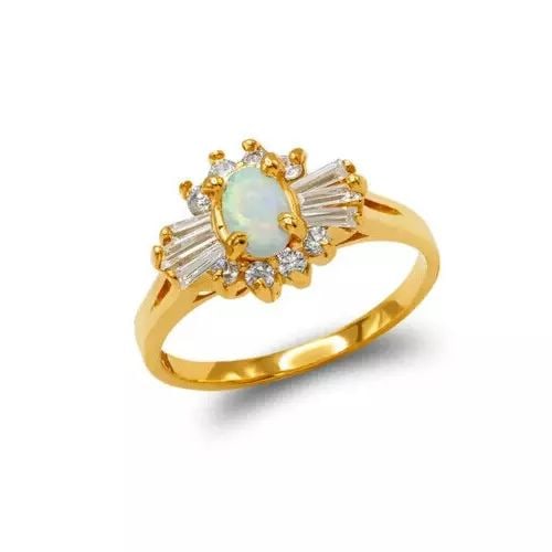 NEW 14K YELLOW GOLD LADIES OPAL CZ RING: NEW 14K YELLOW GOLD LADIES OPAL CZ RING 14K YELLOW Gold Size 7 Approx. 11 mm High Polished/Cubic Zirconia Weight: 3.1 Grams