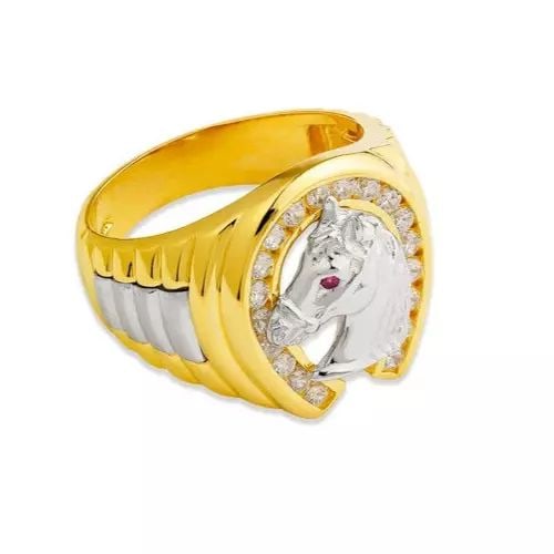 NEW 14K TWO TONE GOLD MEN'S FANCY HORSE IN HORSESHOE CZ RING: NEW 14K TWO TONE GOLD MEN'S FANCY EAGLE CZ RING 14K Two Tone Gold Size 10 Approx. 19mm High Polished/Cubic Zirconia Weight: 10.8 Grams