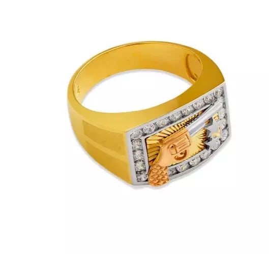 NEW 14K TRI COLOR GOLD MEN'S FANCY REVOLVER GUN CZ RING: NEW 14K TRI COLOR GOLD MEN'S FANCY REVOLVER GUN CZ RING 14K Two Tone Gold Size 10 Approx. 13mm High Polished/Cubic Zirconia Weight: 9.1 Grams