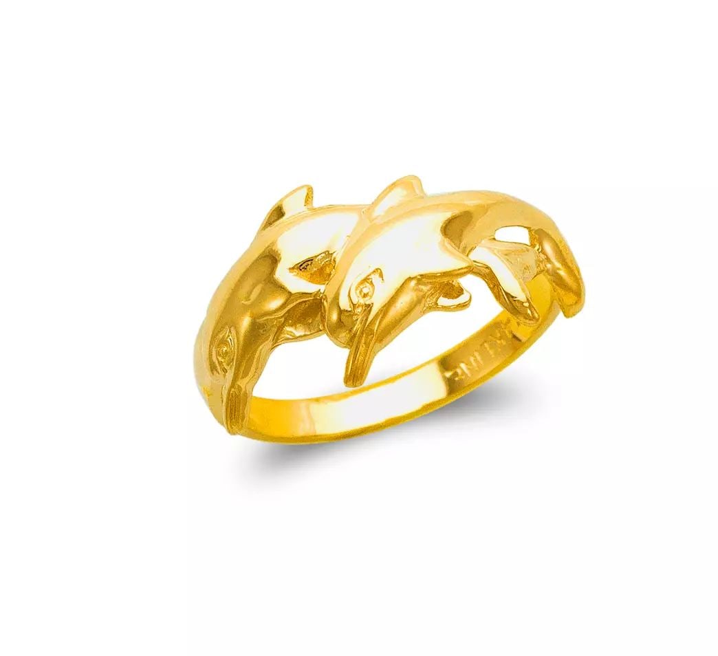 NEW 14K YELLOW GOLD LADIES DOUBLE DOLPHIN DESIGN RING (1 of 2)