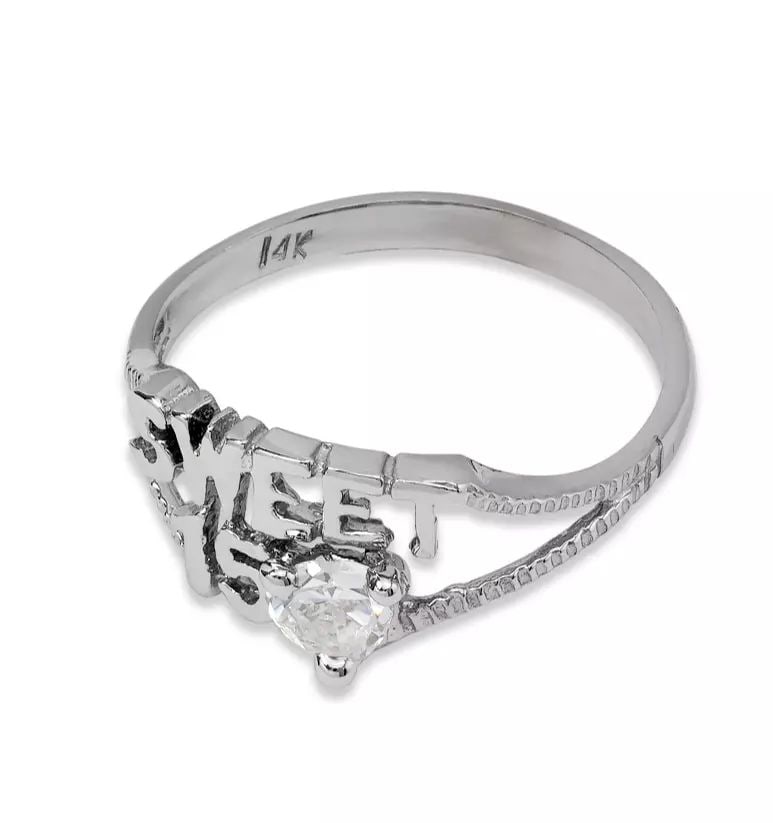 NEW 14K WHITE GOLD LADIES SWEET 15 RING: NEW 14K WHITE GOLD LADIES SWEET 15 RING 14K White Gold Size 7 Approx. 8mm Center High Polished/Cubic Zirconia Weight: 1.5 Grams