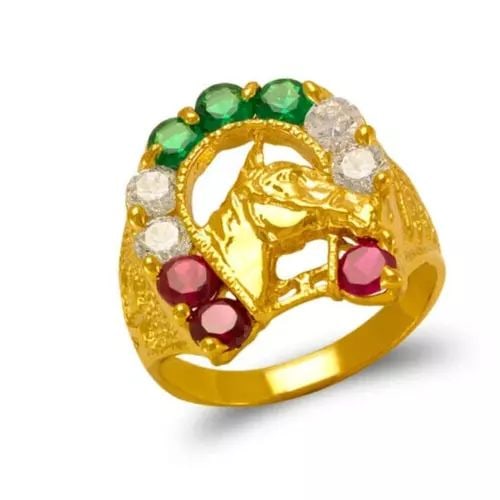 NEW 14K YELLOW GOLD MEN'S HORSE HORSESHOE CZ RING (1 of 2)