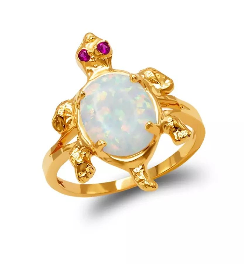 NEW 14K TWO TONE GOLD LADIES OPAL TURTLE CZ RING (1 of 2)