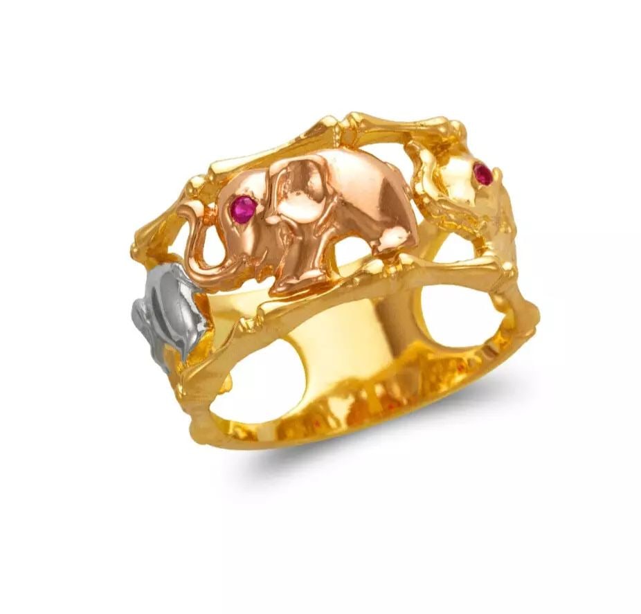 NEW 14K TRI COLOR GOLD LADIES ELEPAHNT FILIGREE RING: NEW 14K TRI COLOR GOLD LADIES ELEPAHNT FILIGREE RING 14K Tricolor Gold Size 7 Approx. 11mm High Polished/Cubic Zirconia/Filigree Weight: 6.4 Grams