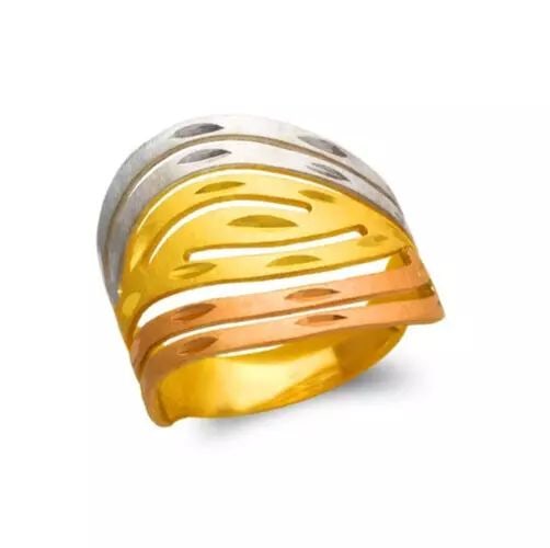 NEW 14K TRI COLOR GOLD LADIES 7 LAYER BAND RING: NEW 14K TRI COLOR GOLD LADIES 7LAYER BAND RING 14K Tricolor Gold Size 7 Approx. 18mm High Polished/Satin Finished/Diamond Cut Available in Yellow Gold Weight: 4.6 Grams