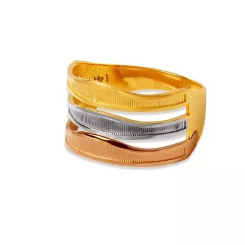 NEW 14K TRI COLOR GOLD LADIES 3 LAYER BAND RING: NEW 14K TRI COLOR GOLD LADIES 3 LAYER BAND RING 14K Tricolor Gold Size 7 Approx. 12mm High Polished/Satin Finished/Diamond Cut Available in Yellow Gold Weight: 2.7 Grams