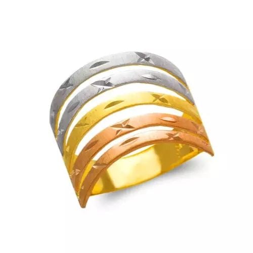 NEW 14K TRI COLOR GOLD LADIES 5 LAYER BAND RING: NEW 14K TRI COLOR GOLD LADIES 5 LAYER BAND RING 14K Tricolor Gold Size 7 Approx. 14mm High Polished/Satin Finished/Diamond Cut Available in Yellow Gold Weight: 3.9 Grams