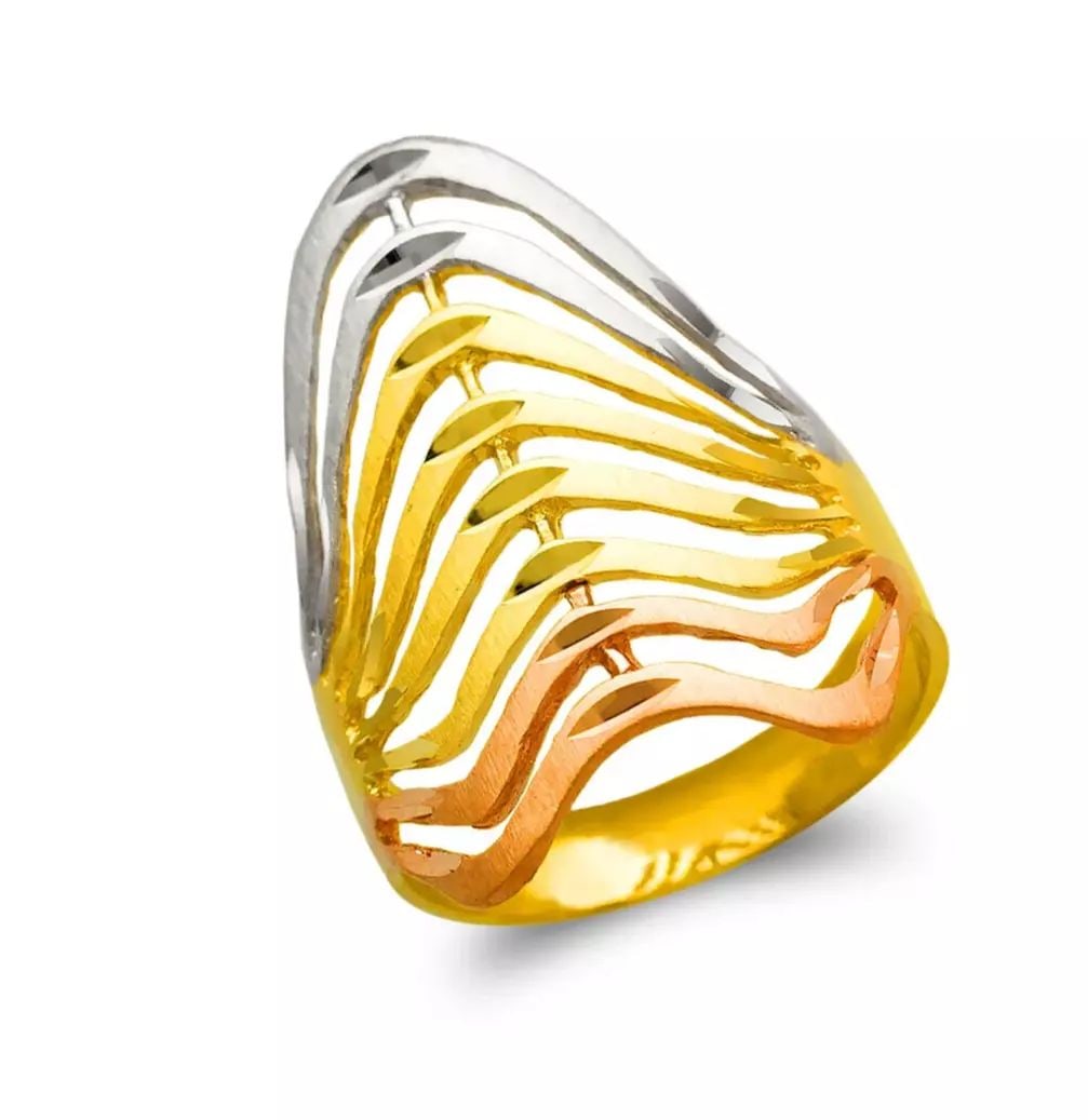 NEW 14K TRI COLOR GOLD LADIES 8 LAYER BAND RING: NEW 14K TRI COLOR GOLD LADIES 5 LAYER BAND RING 14K Tricolor Gold Size 7 Approx. 27mm High Polished/Satin Finished/Diamond Cut Weight: 4.5 Grams