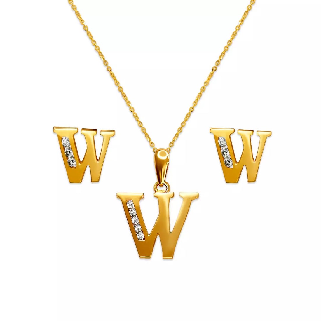 NEW 14K YELLOW GOLD INITIAL " W " COLLECTION SET EARRINGS PENDANT: NEW 14K YELLOW GOLD INITIAL " W " COLLECTION SET 14K Yellow Gold Approx. Measurements: Earrings- 8x7mm, Pendant- 12x10mm High Polished/Cubic Zirconia Items in this Set: Earrings, Pendant Chains Sold S