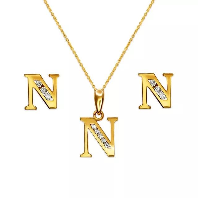NEW 14K YELLOW GOLD INITIAL " N " COLLECTION SET EARRINGS PENDANT: NEW 14K YELLOW GOLD INITIAL " N " COLLECTION SET 14K Yellow Gold Approx. Measurements: Earrings- 8x7mm, Pendant- 10x10mm High Polished/Cubic Zirconia Items in this Set: Earrings, Pendant Chains Sold S