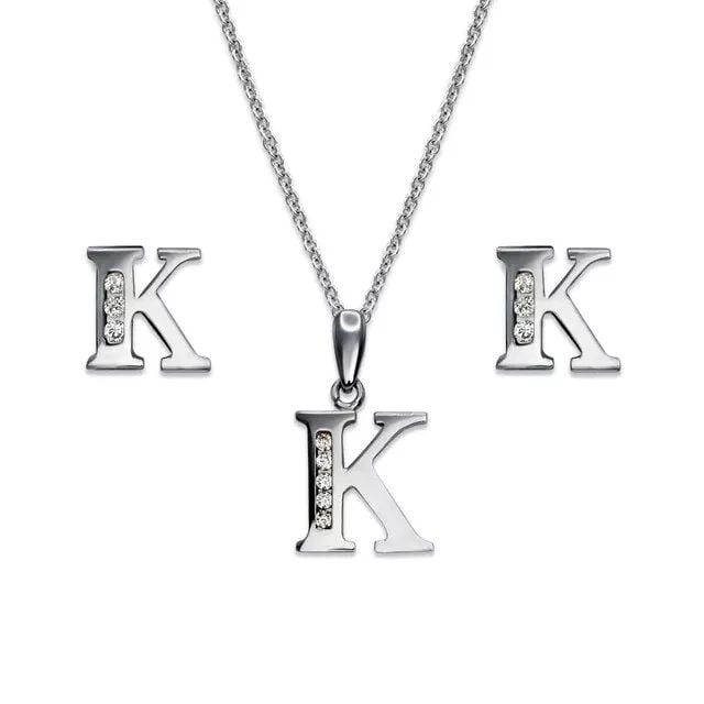 NEW 14K WHITE GOLD INITIAL " K " COLLECTION SET EARRINGS PENDANT (1 of 2)