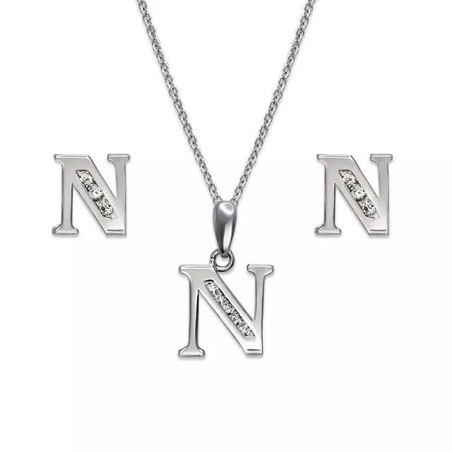 NEW 14K WHITE GOLD INITIAL " N " COLLECTION SET EARRINGS PENDANT: NEW 14K YELLOW GOLD INITIAL " N " COLLECTION SET 14K White Gold Approx. Measurements: Earrings- 6x7mm, Pendant- 9x10mm High Polished/Cubic Zirconia Items in this Set: Earrings, Pendant Chains Sold Sep