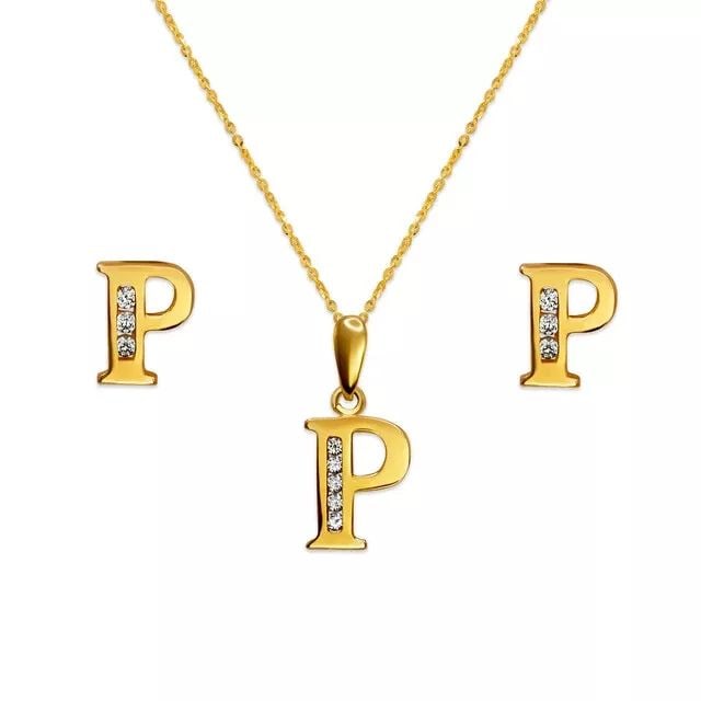 NEW 14K YELLOW GOLD INITIAL " P " COLLECTION SET EARRINGS PENDANT: NEW 14K YELLOW GOLD INITIAL " P " COLLECTION SET 14K Yellow Gold Approx. Measurements: Earrings- 7x7mm, Pendant- 8x10mm High Polished/Cubic Zirconia Items in this Set: Earrings, Pendant Chains Sold Se
