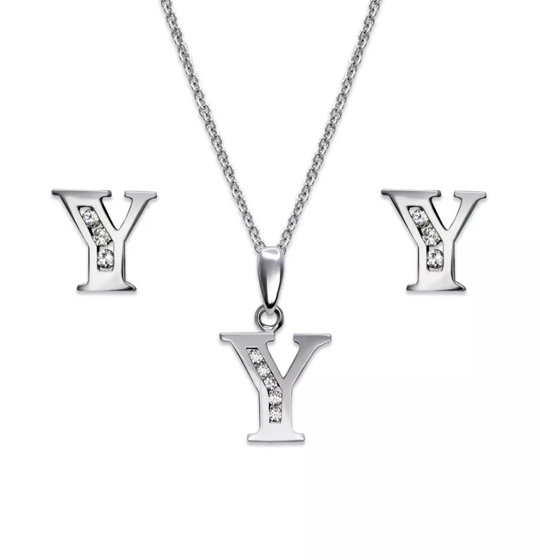 NEW 14K WHITE GOLD INITIAL "Y" COLLECTION SET EARRINGS PENDANT: NEW 14K WHITE GOLD INITIAL " Y " COLLECTION SET 14K White Gold Approx. Measurements: Earrings- 7x7mm, Pendant- 10x10mm High Polished/Cubic Zirconia Items in this Set: Earrings, Pendant Chains Sold Sep