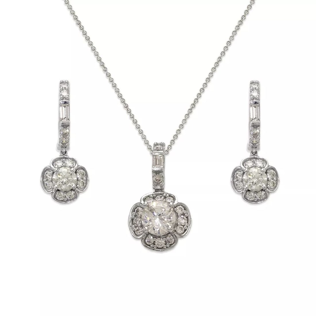 NEW 14K WHITE GOLD FANCY FLOWER CZ SET, EARRINGS PENDANT: NEW 14K WHITE GOLD FANCY FLOWER CZ SET 14K White Gold Approx. Measurements: Earrings- 8x22mm, Pendant- 9x16mm Cubic Zirconia Items in this Set: Earrings, Pendant Chains Sold Separately Available in Ye