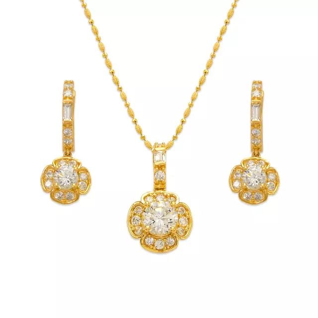 NEW 14K YELLOW GOLD FANCY FLOWER CZ SET EARRINGS PENDANT (1 of 2)