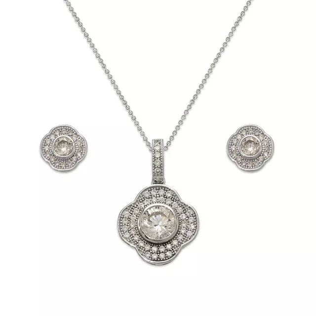 NEW 14K WHITE GOLD FANCY FLOWER CZ SET EARRINGS PENDANT: NEW 14K WHITE GOLD FANCY FLOWER CZ SET 14K White Gold Approx. Measurements: Earrings- 8x8mm, Pendant- 13x13mm High Polished/Cubic Zirconia Items in this Set: Earrings, Pendant Chains Sold Separately A