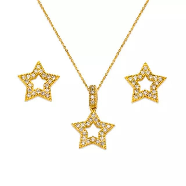 NEW 14K YELLOW GOLD FANCY STAR CZ SET EARRINGS PENDANT (1 of 2)