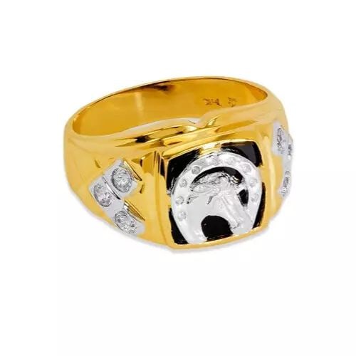 NEW 14K TWO TONE GOLD MEN'S FANCY HORSE IN HORSESHOE CZ RING: NEW 14K TWO TONE GOLD MEN'S FANCY HORSE IN HORSESHOE CZ RING 14K Two Tone Gold Approx. 14mm High Polished/Cubic Zirconia Weight: 7.5 Grams