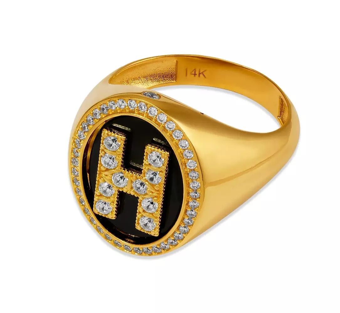 NEW 14K YELLOW GOLD MEN'S INITIAL H RING: NEW 14K YELLOW GOLD MEN'S INITIAL RING 14K Yellow Gold Approx. 20mm Center, 4mm Band High Polished/Cubic Zirconia Letters available from A-Z Weight: 8.0 Grams
