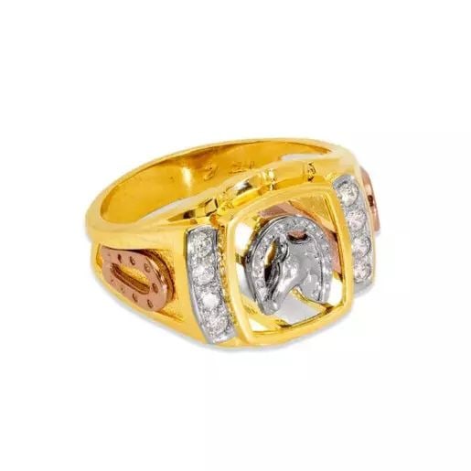 NEW 14K TRI COLOR GOLD MEN'S FANCY HORSE IN HORSESHOE CZ RING (1 of 2)