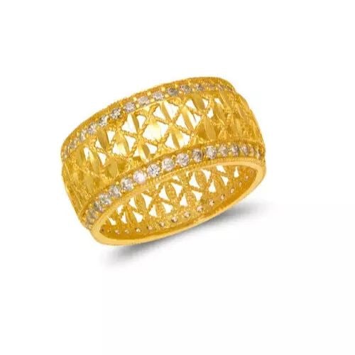 NEW 14K YELLOW GOLD LADIES FANCY CZ RING: NEW 14K YELLOW GOLD LADIES FANCY CZ RING 14K Yellow Gold Approx. 10mm Band High Polished/Cubic Zirconia Weight: 4.7 Grams