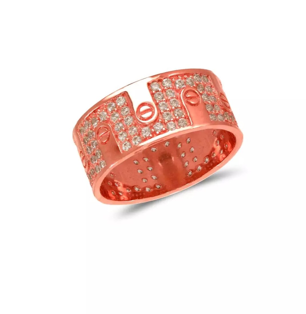 NEW 14K ROSE GOLD LADIES FANCY CZ RING: NEW 14K ROSE GOLD LADIES FANCY CZ RING 14K Rose Gold Approx. 8mm Band High Polished/Cubic Zirconia Available in Yellow and White Gold Weight: 4.5 Grams