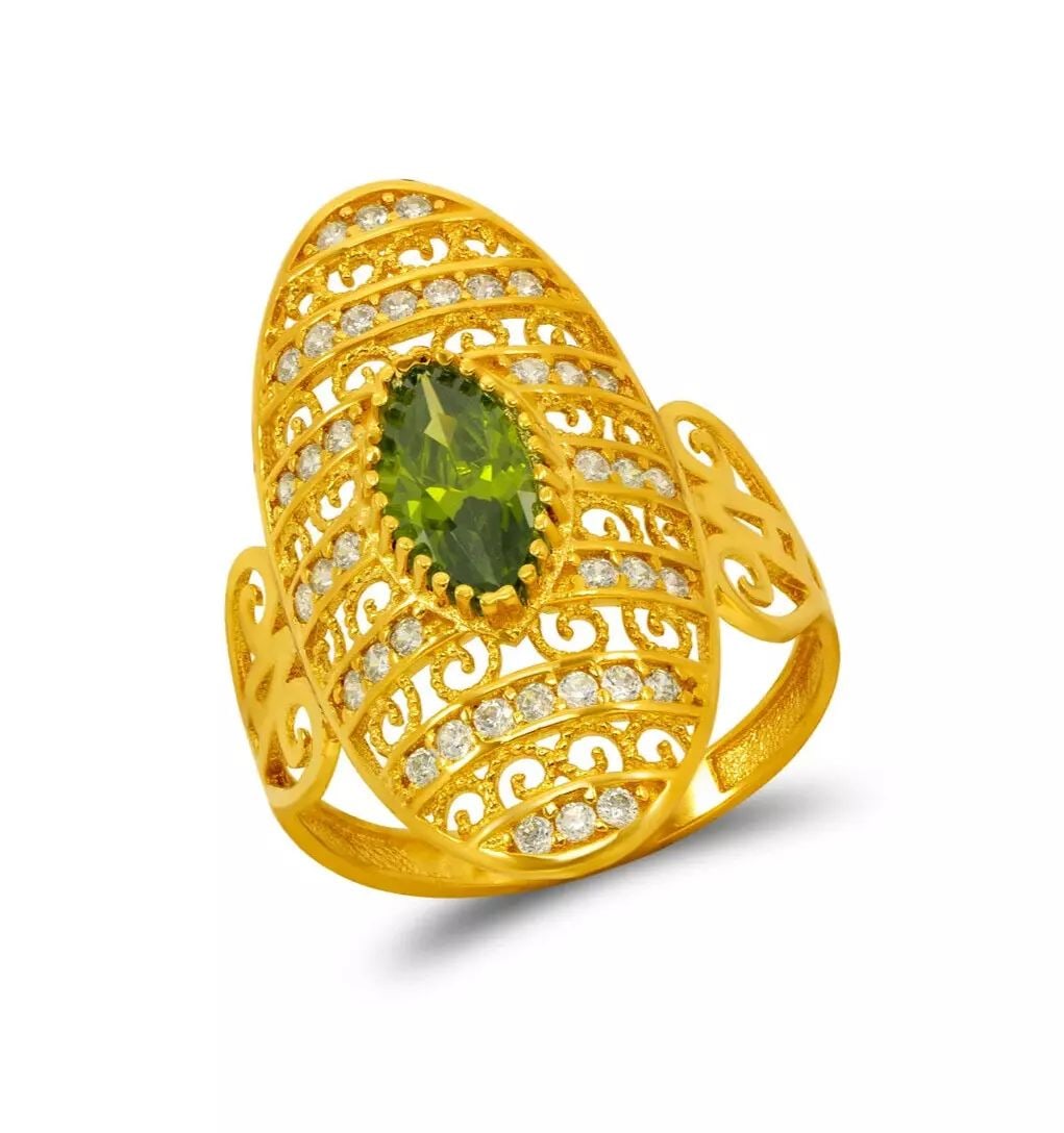 NEW 14K YELLOW GOLD HIGH POLISHED CZ FILIGREE RING: NEW 14K YELLOW GOLD HIGH POLISHED CZ FILIGREE RING 14K Yellow Gold Approx. 13.5x28mm Center, 2.5mm Band High Polished/Cubic Zirconia Weight: 3.7 Grams