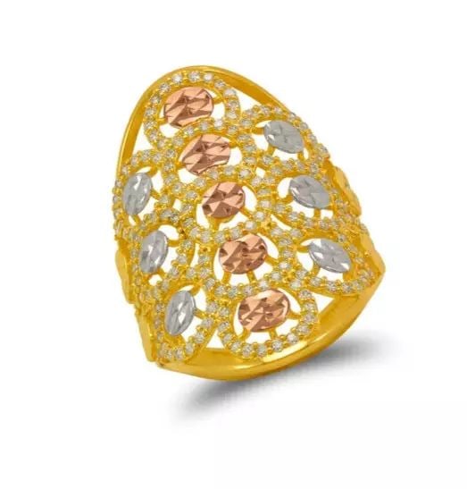 NEW 14K TRI COLOR GOLD LADIES CZ RING: NEW 14K TRI COLOR GOLD LADIES CZ RING 14K Tricolor Gold Approx. 21x33mm Center, 3mm Band High Polished/Diamond Cut/Cubic Zirconia Weight: 5.3 Grams