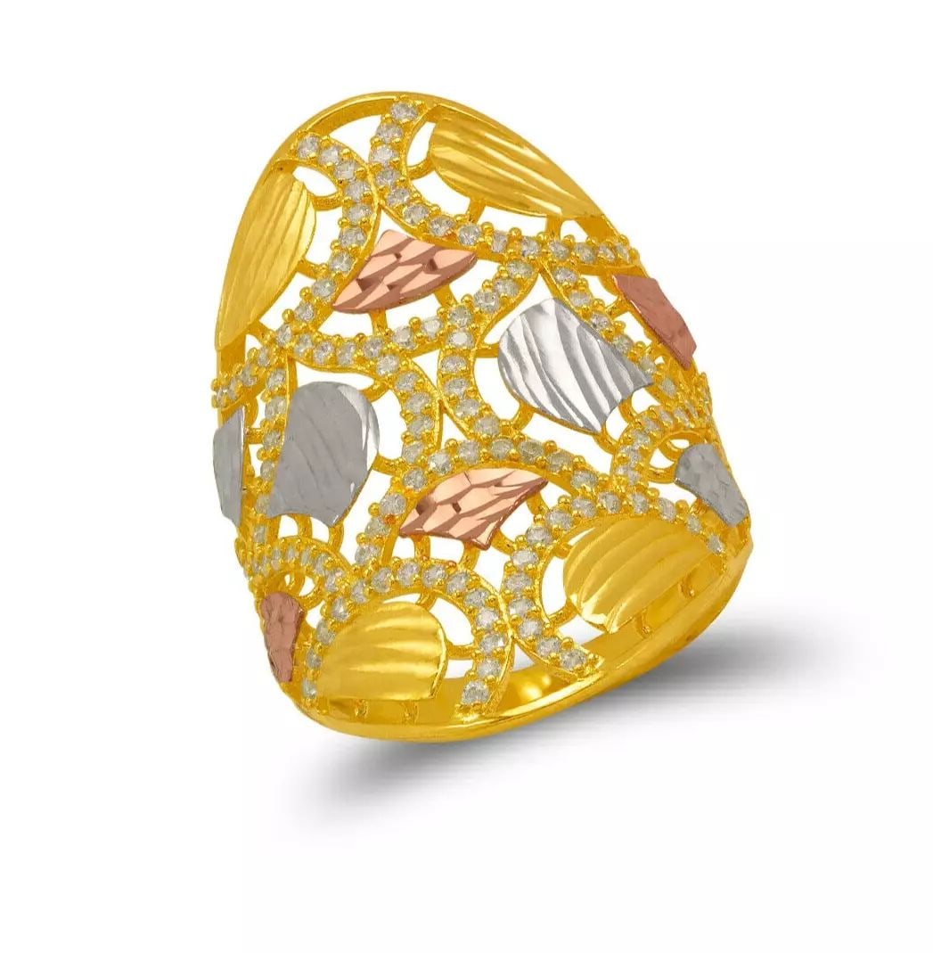 NEW 14K TRI COLOR GOLD MOSAIC CZ RING: NEW 14K TRI COLOR GOLD MOSAIC CZ RING 14K Tricolor Gold Approx. 20.5x35mm Center, 3mm Band High Polished/Diamond Cut/Cubic Zirconia Weight: 5.2 Grams