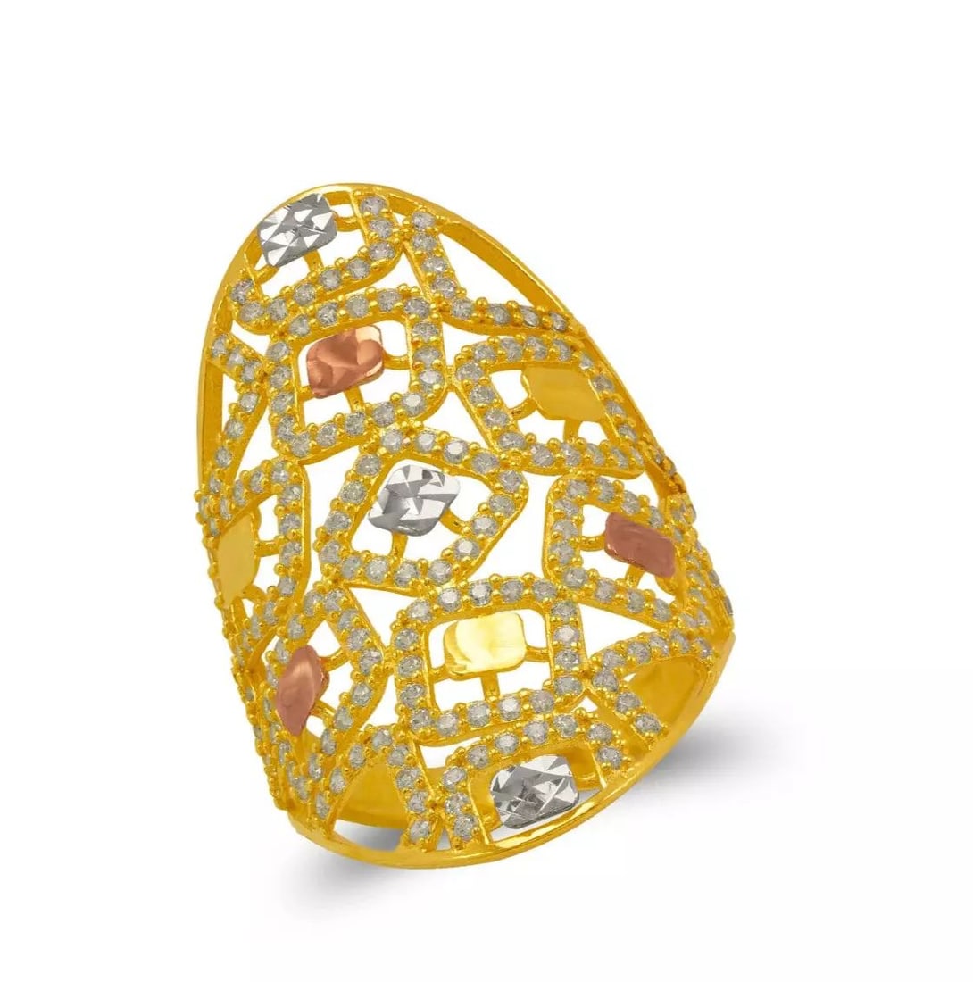 NEW 14K TRI COLOR GOLD MOSAIC CZ RING: NEW 14K TRI COLOR GOLD MOSAIC CZ RING 14K Tricolor Gold Approx. 20x36mm Center, 3mm Band High Polished/Diamond Cut/Cubic Zirconia Weight: 4.8 Grams