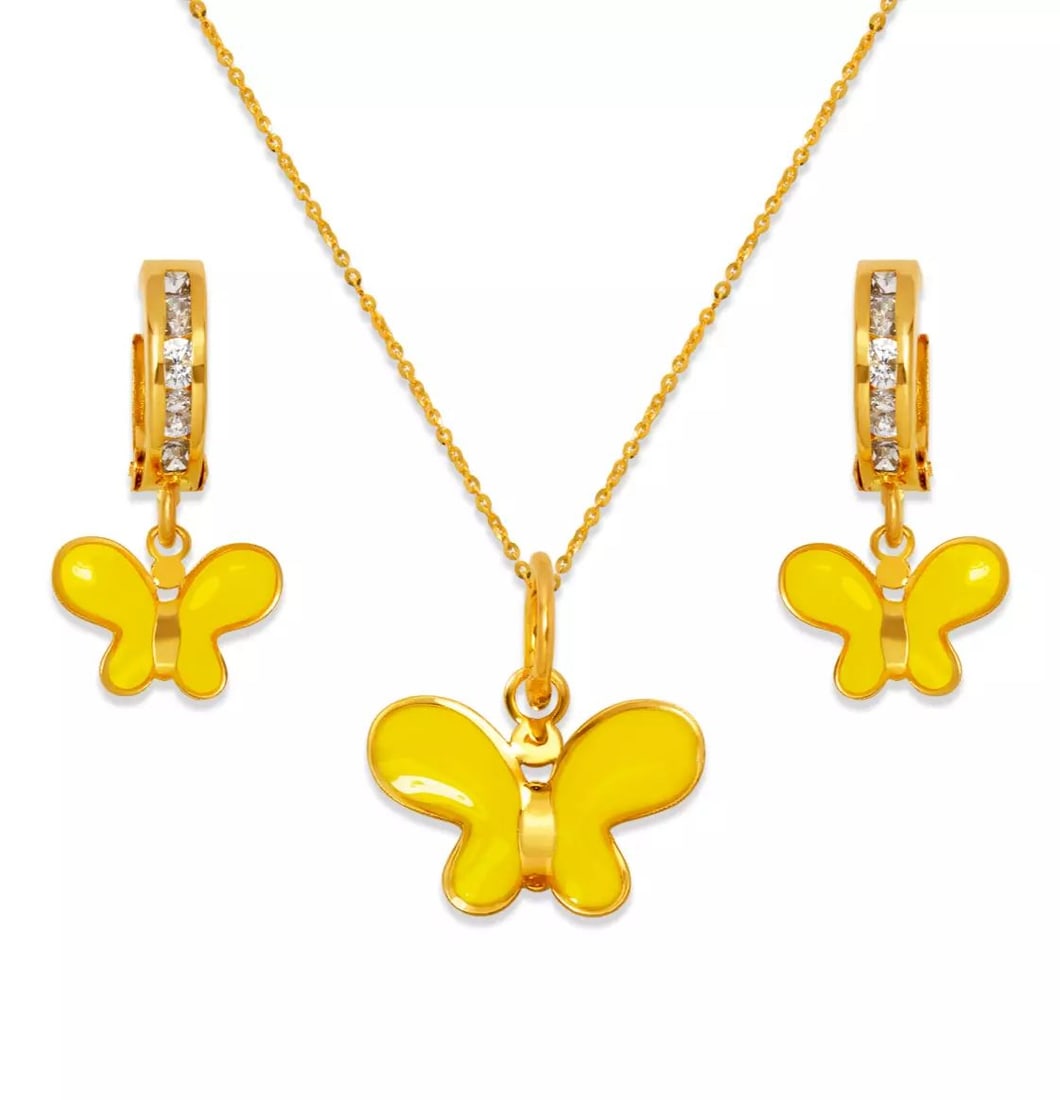 NEW 14K YELLOW GOLD BUTTERFLY ENAMEL SET: NEW 14K YELLOW GOLD BUTTERFLY ENAMEL SET 14K Yellow Gold Approx. Measurements: Earrings- 9x18mm, Pendant- 12x9mm Cubic Zirconia Enamel Finish Items in this Set: Earrings, Pendant Chains Sold Separatel