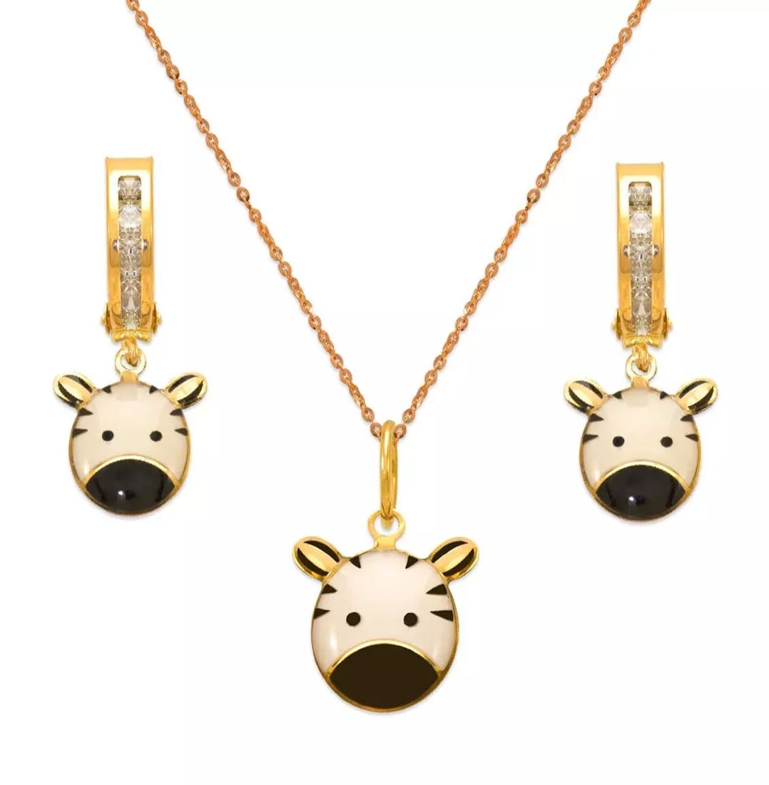 NEW 14K YELLOW GOLD ZEBRA ENAMEL SET: NEW 14K YELLOW GOLD ZEBRA ENAMEL SET 14K Yellow Gold Approx. Measurements: Earrings- 8x20mm, Pendant- 10x10mm Cubic Zirconia Enamel Finish Items in this Set: Earrings, Pendant Chains Sold Separately W