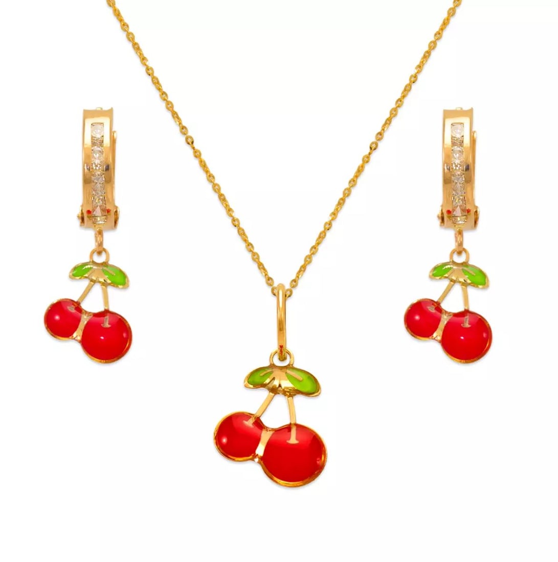 NEW 14K YELLOW GOLD CHERRIES ENAMEL SET (1 of 2)
