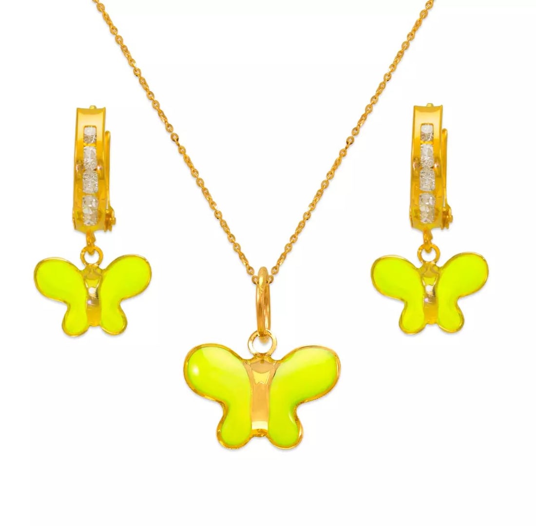 NEW 14K YELLOW GOLD BUTTERFLY ENAMEL SET: NEW 14K YELLOW GOLD BUTTERFLY ENAMEL SET 14K Yellow Gold Approx. Measurements: Earrings- 9x18mm, Pendant- 12x9mm Cubic Zirconia Enamel Finish Items in this Set: Earrings, Pendant Chains Sold Separatel
