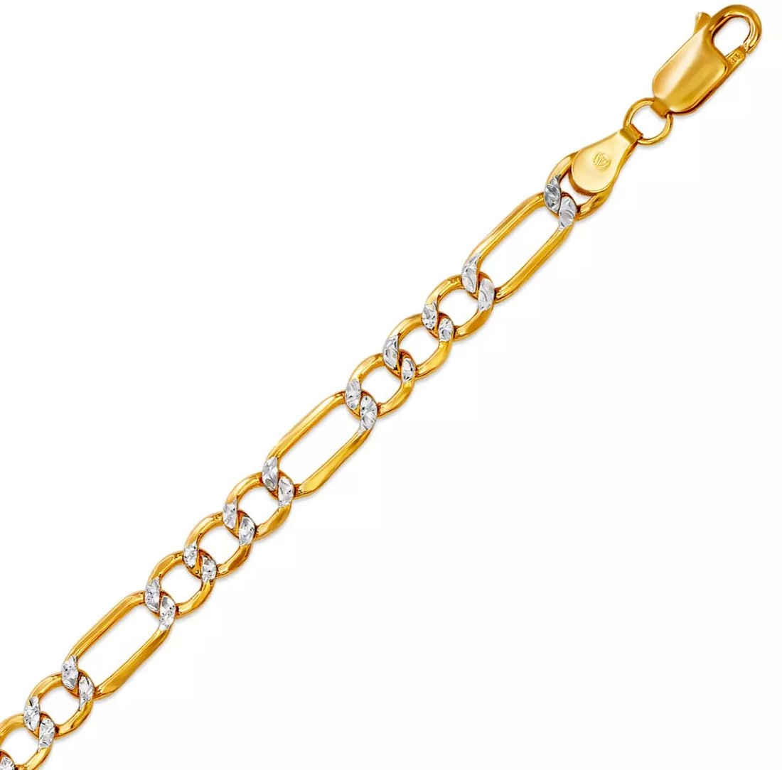 NEW 14K TWO TONE GOLD HOLLOW FIGARO WHITE PAVE BRACELET 5mm: NEW 14K TWO TONE GOLD HOLLOW FIGARO WHITE PAVE BRACELET 5mm 14K Two Tone Gold Approx. 120 Gauge (5mm Wide) High Polished Lobster Lock Available in Yellow Gold Length : 7" Inch Weight: 3.8 Grams