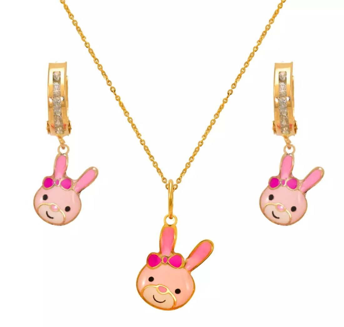 NEW 14K YELLOW GOLD BUNNY ENAMEL SET: NEW 14K YELLOW GOLD BUNNY ENAMEL SET 14K Yellow Gold Approx. Measurements: Earrings- 6x21mm, Pendant- 11x12mm Cubic Zirconia Enamel Finish Items in this Set: Earrings, Pendant Chains Sold Separately W