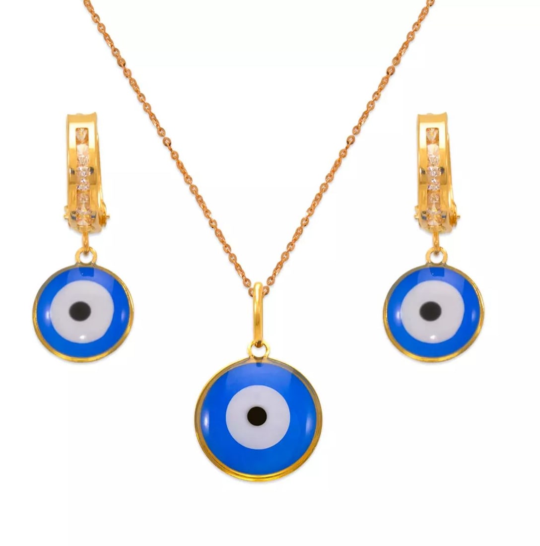 NEW 14K YELLOW GOLD EVIL EYE ENAMEL SET: NEW 14K YELLOW GOLD EVIL EYE ENAMEL SET 14K Yellow Gold Approx. Measurements: Earrings- 8x20mm, Pendant- 10x10mm Cubic Zirconia Enamel Finish Items in this Set: Earrings, Pendant Chains Sold Separatel