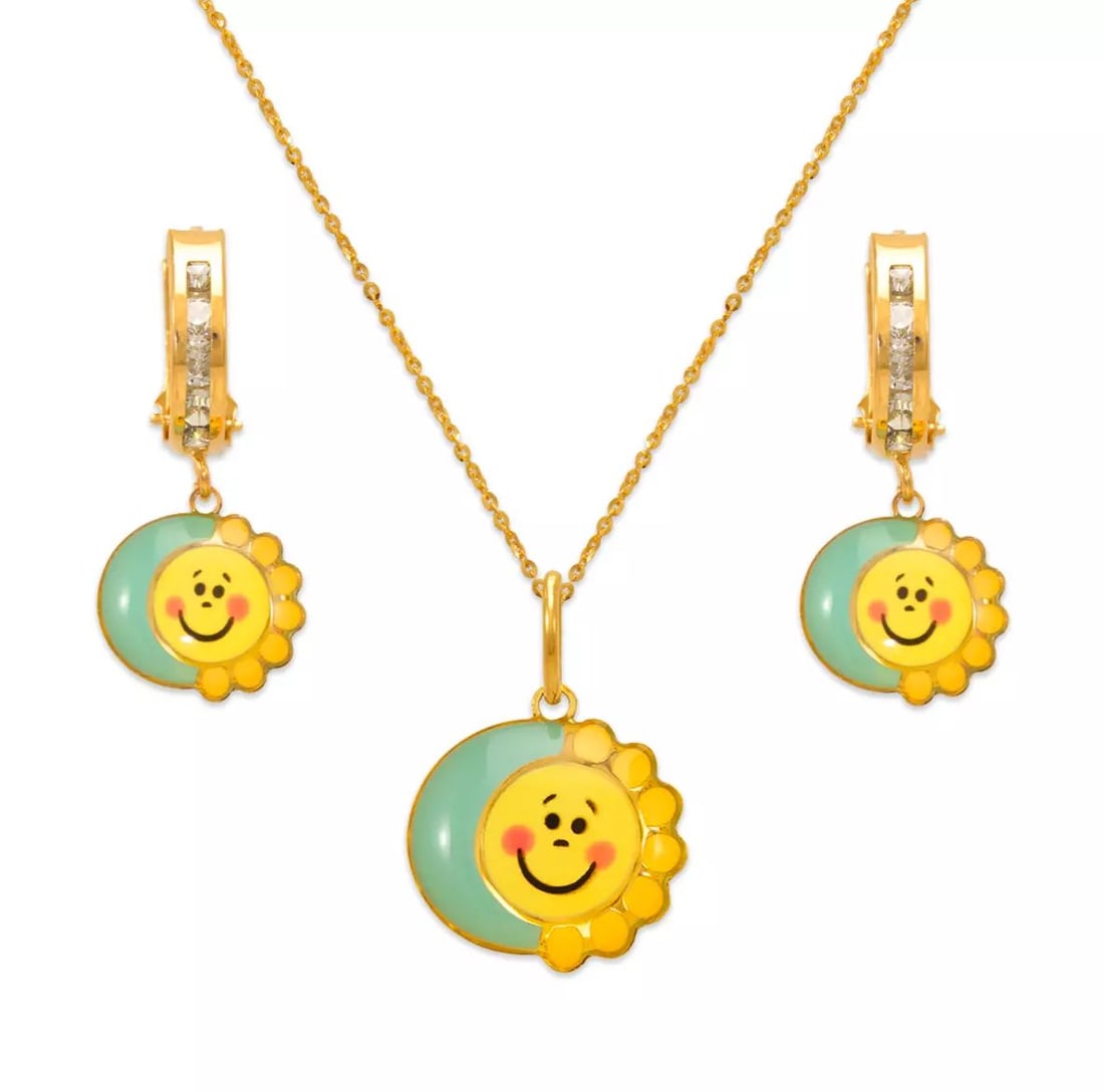 NEW 14K YELLOW GOLD SUN AND MOON ENAMEL SET: NEW 14K YELLOW GOLD SUN AND MOON ENAMEL SET 14K Yellow Gold Approx. Measurements: Earrings- 9x20mm, Pendant- 11x11mm Cubic Zirconia Enamel Finish Items in this Set: Earrings, Pendant Chains Sold Separ