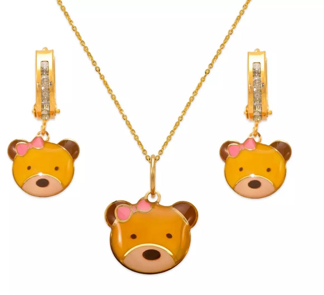 NEW 14K YELLOW GOLD TEDDY BEAR ENAMEL SET: NEW 14K YELLOW GOLD TEDDY BEAR ENAMEL SET 14K Yellow Gold Approx. Measurements: Earrings- 9x20mm, Pendant- 12x11mm Cubic Zirconia Enamel Finish Items in this Set: Earrings, Pendant Chains Sold Separat