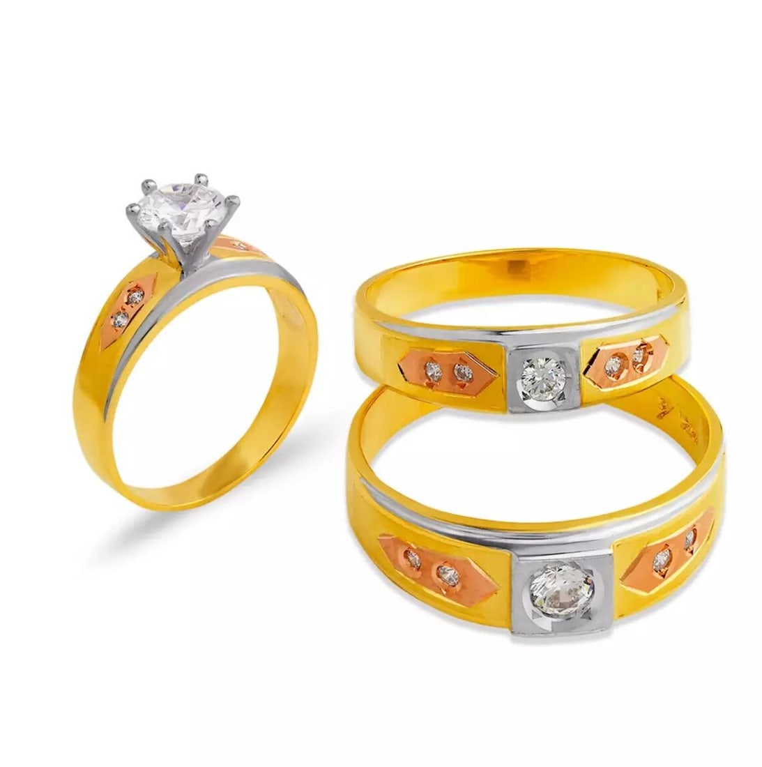 NEW 14K TRI COLOR GOLD WEDDING TRIO RING SET: NEW 14K TRI COLOR GOLD WEDDING TRIO RING SET 14K Tricolor Gold Ladies band and engagement ring is size 7 Men's ring is size 10 Rings Also Sold Separately Weight: 8.7 Grams