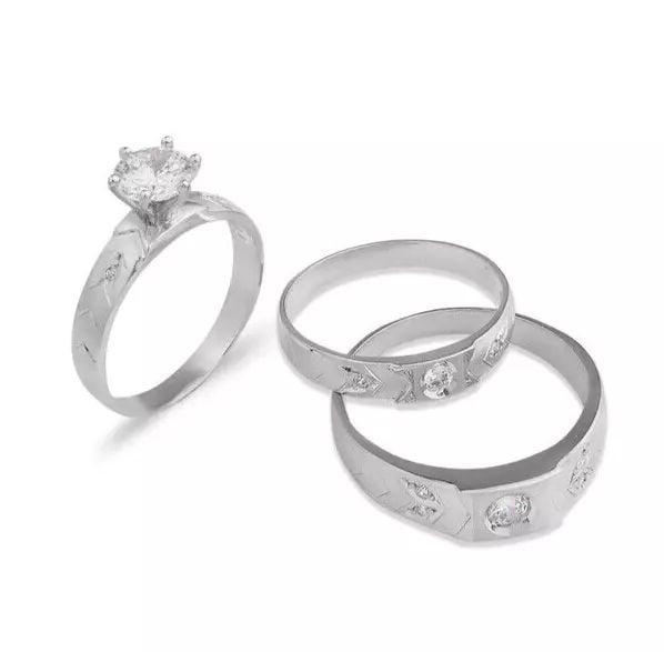 NEW 14K WHITE GOLD WEDDING TRIO RING SET: NEW 14K WHITE GOLD WEDDING TRIO RING SET 14K White Gold Ladies band and engagement ring is size 7 Men's ring is size 10 Rings Also Sold Separately Available in Tricolor Gold Weight: 7.6 Grams