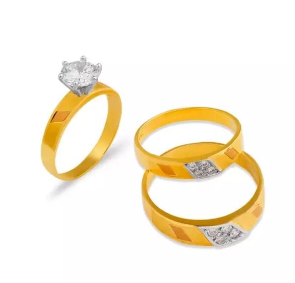 NEW 14K TRI COLOR GOLD WEDDING TRIO RING SET: NEW 14K TRI COLOR GOLD WEDDING TRIO RING SET 14K Tricolor Gold Ladies band and engagement ring is size 7 Men's ring is size 10 Rings Also Sold Separately Available in White Gold Weight: 7.1 Grams