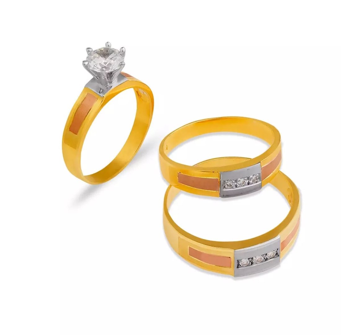 NEW 14K TRI COLOR GOLD WEDDING TRIO RING SET: NEW 14K TRI COLOR GOLD WEDDING TRIO RING SET 14K Tricolor Gold Ladies band and engagement ring is size 7 Men's ring is size 10 Rings Also Sold Separately Available in Yellow and White Gold Weight: 8.2